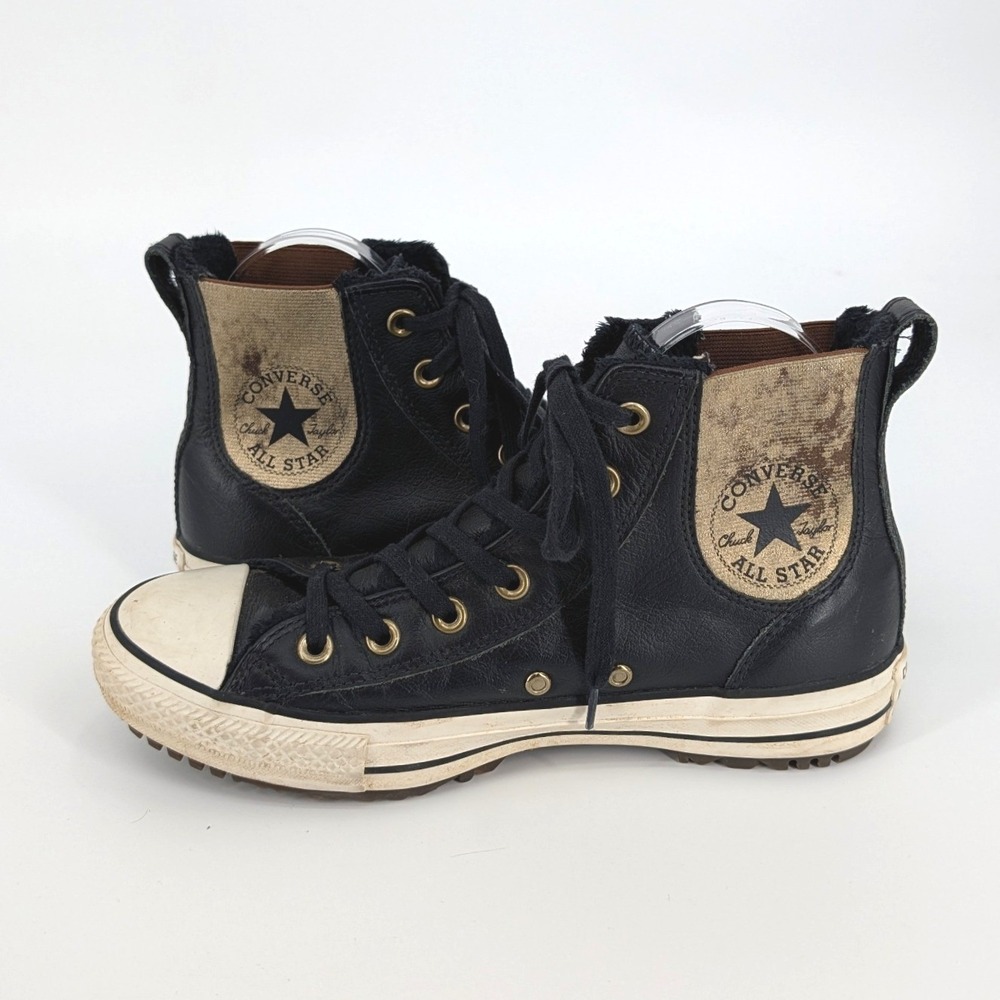 Converse Chuck Taylor All Star Black Leather High Top Sneakers Boot Women 8 - Picture 2 of 8